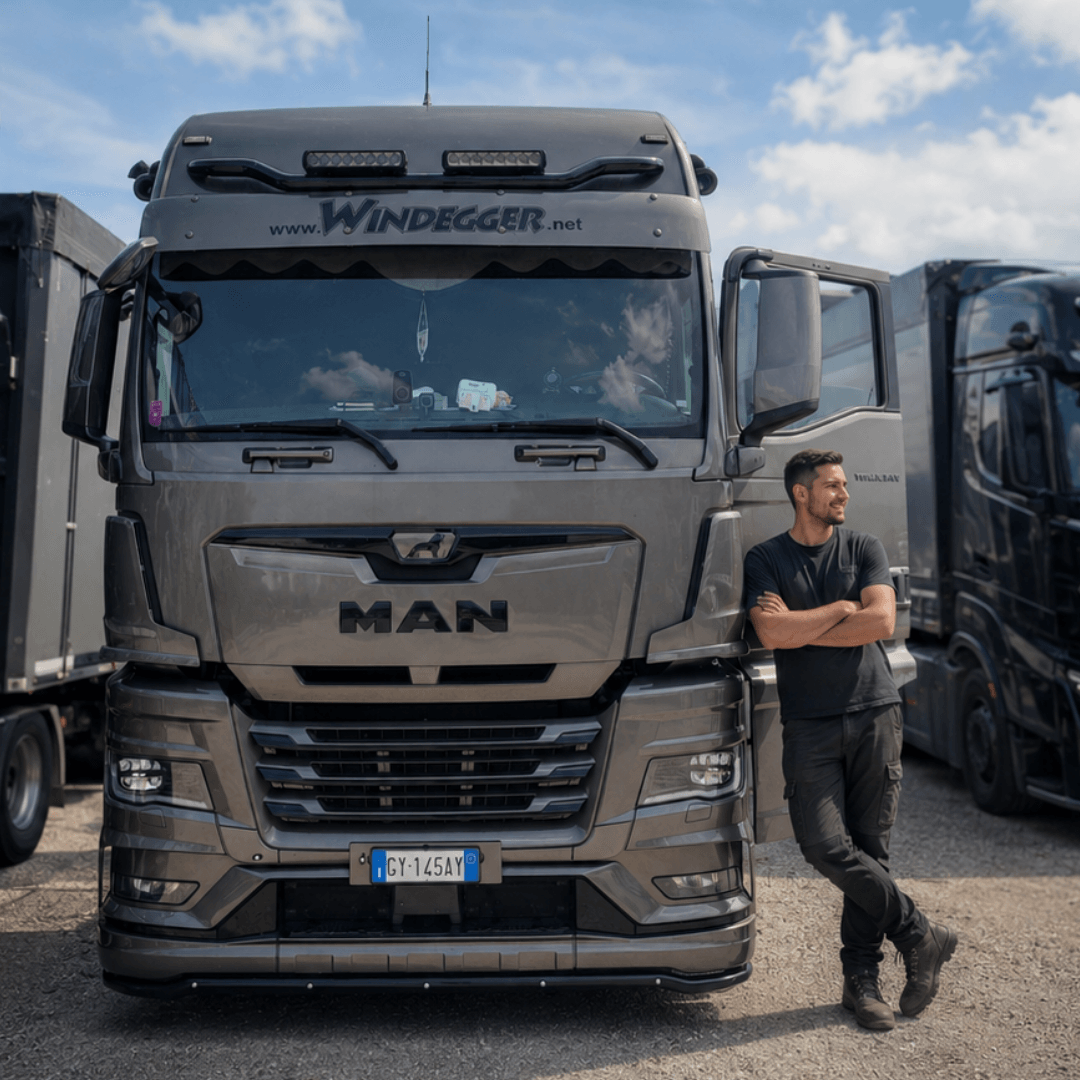 Windegger Fahrer vor seinem LKW